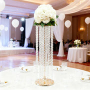4 Metal 32" Flower Stand Vases with Hanging Crystal Beads  - Gold and Clear CHDLR_CEN_BEAD01_32_GOLD