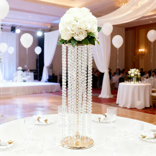 4 Metal 32" Flower Stand Vases with Hanging Crystal Beads  - Gold and Clear CHDLR_CEN_BEAD01_32_GOLD