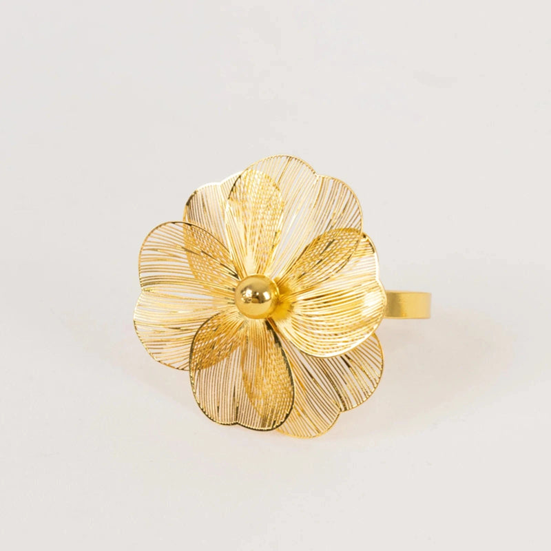 4 Metal Jasmine Flower Napkin Rings with Pearl Center