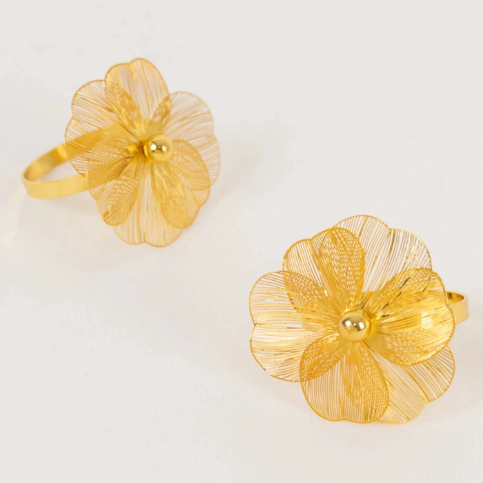 4 Metal Jasmine Flower Napkin Rings with Pearl Center