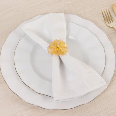 4 Metal Jasmine Flower Napkin Rings with Pearl Center