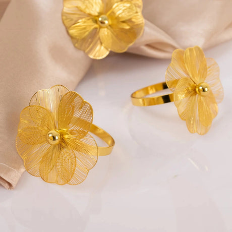 4 Metal Jasmine Flower Napkin Rings with Pearl Center