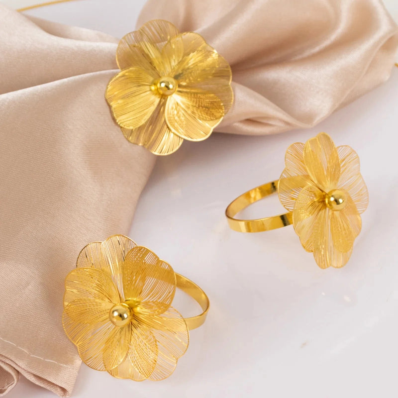 4 Metal Jasmine Flower Napkin Rings with Pearl Center