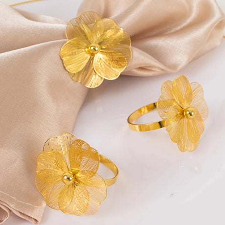 4 Metal Jasmine Flower Napkin Rings with Pearl Center