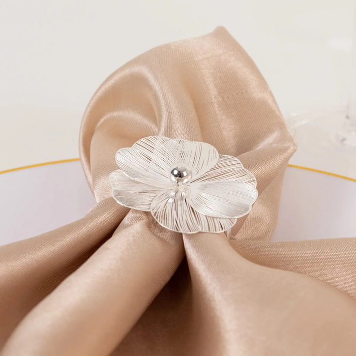 4 Metal Jasmine Flower Napkin Rings with Pearl Center