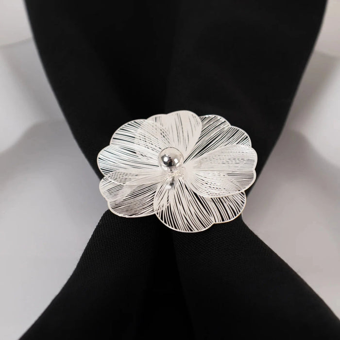4 Metal Jasmine Flower Napkin Rings with Pearl Center