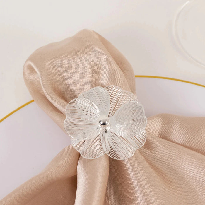 4 Metal Jasmine Flower Napkin Rings with Pearl Center