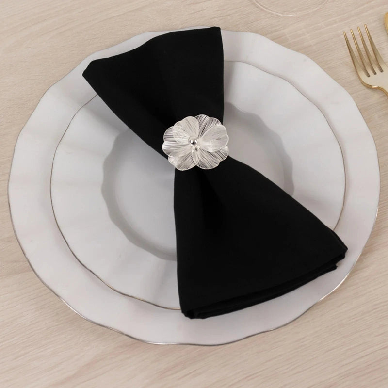 4 Metal Jasmine Flower Napkin Rings with Pearl Center