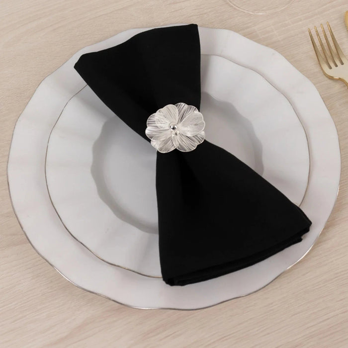 4 Metal Jasmine Flower Napkin Rings with Pearl Center