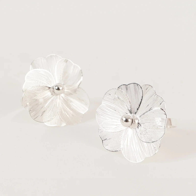 4 Metal Jasmine Flower Napkin Rings with Pearl Center