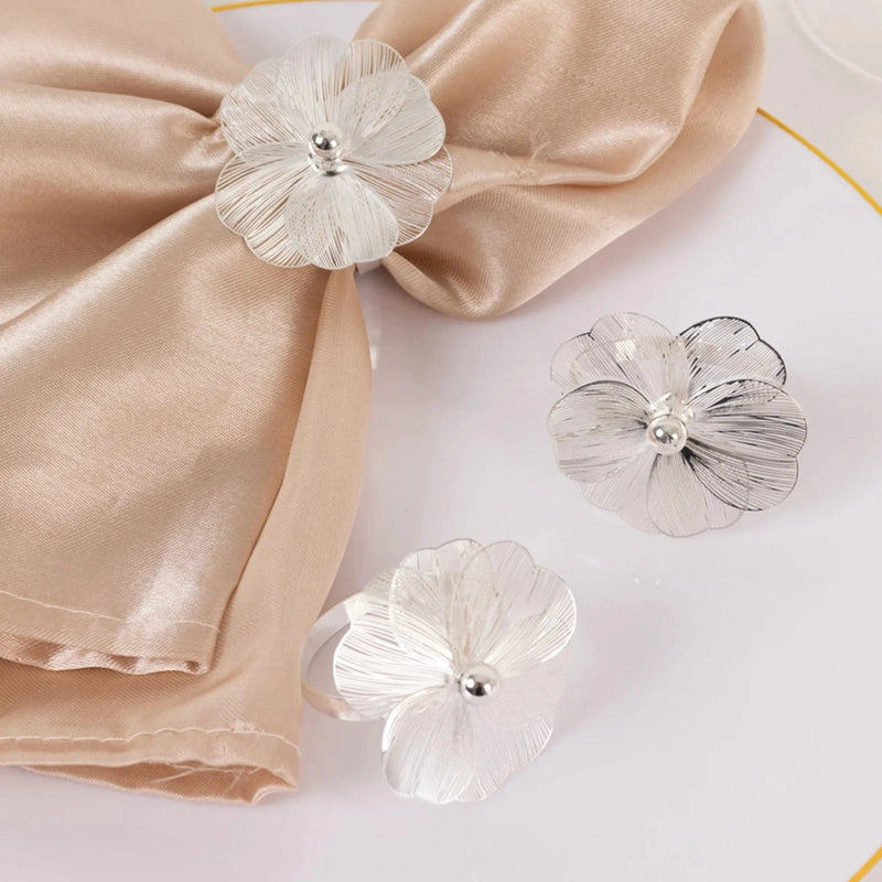 4 Metal Jasmine Flower Napkin Rings with Pearl Center