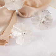 4 Metal Jasmine Flower Napkin Rings with Pearl Center