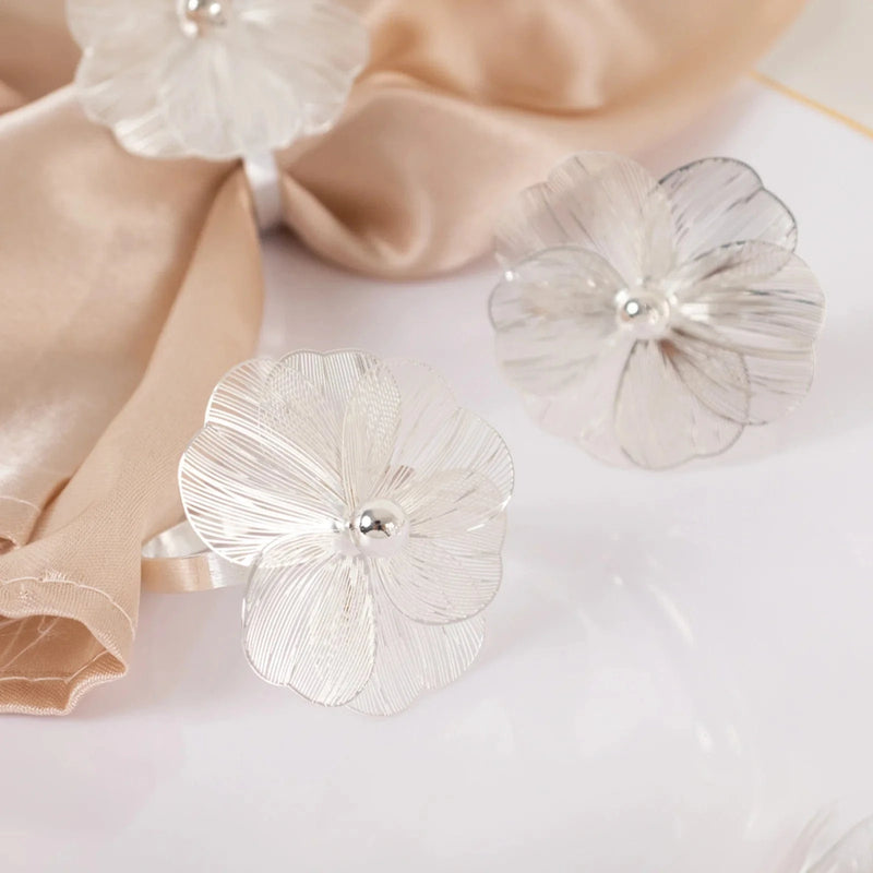 4 Metal Jasmine Flower Napkin Rings with Pearl Center