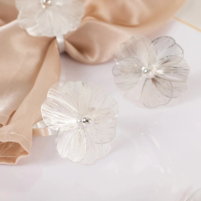 4 Metal Jasmine Flower Napkin Rings with Pearl Center