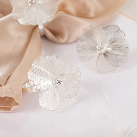 4 Metal Jasmine Flower Napkin Rings with Pearl Center