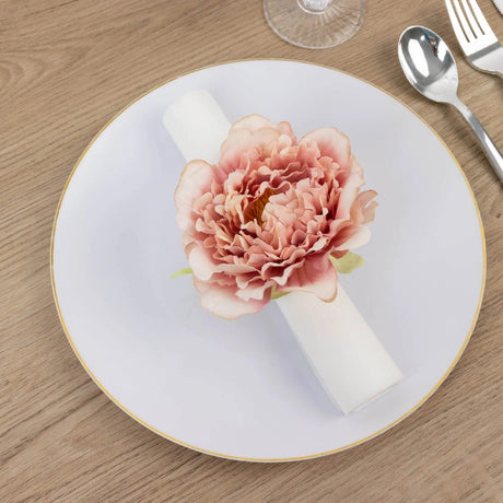 4 Metal Napkin Rings with Silk Peony Flower