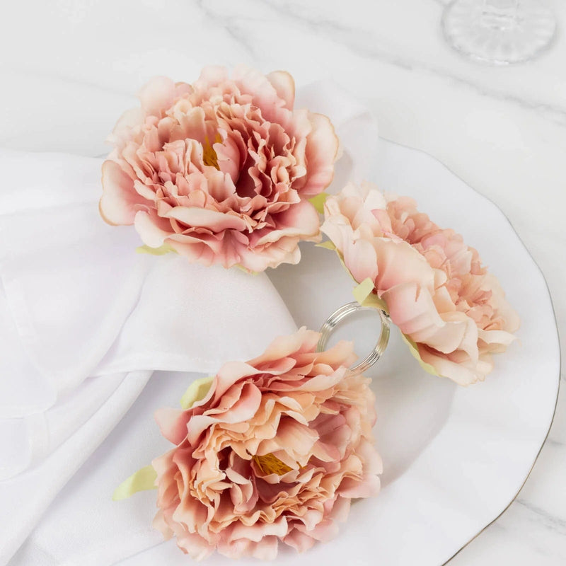 4 Metal Napkin Rings with Silk Peony Flower