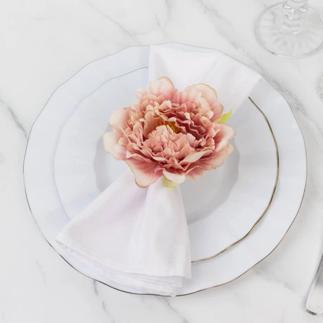 4 Metal Napkin Rings with Silk Peony Flower