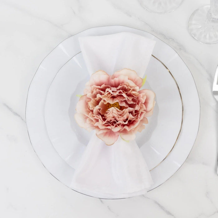 4 Metal Napkin Rings with Silk Peony Flower