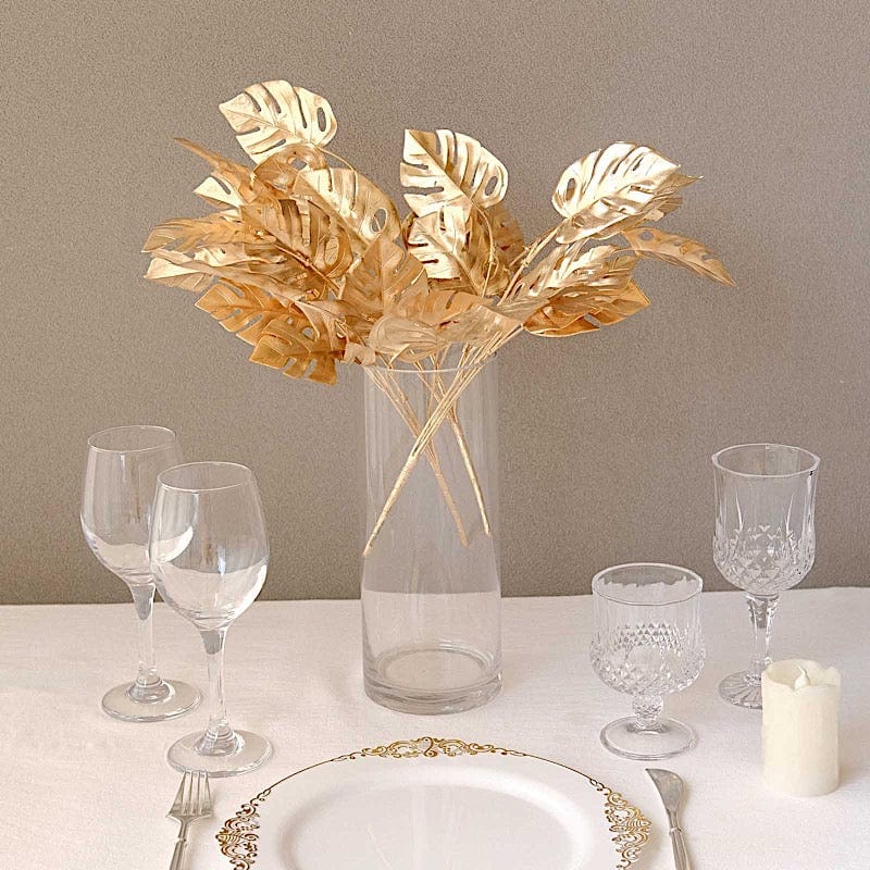 monstera centerpiece 4-Pack Metallic Gold Artificial Monstera Leaf Branches 14" - Faux Tropical Palm Leaf Stem Vase Fillers for DIY Decor