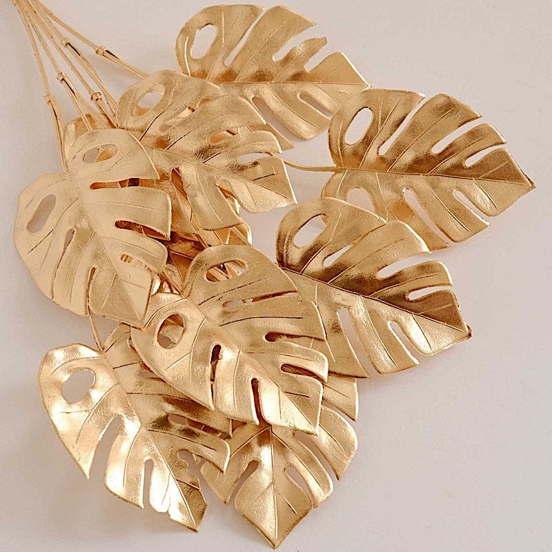 monstera leaf decor 4-Pack Metallic Gold Artificial Monstera Leaf Branches 14" - Faux Tropical Palm Leaf Stem Vase Fillers for DIY Decor