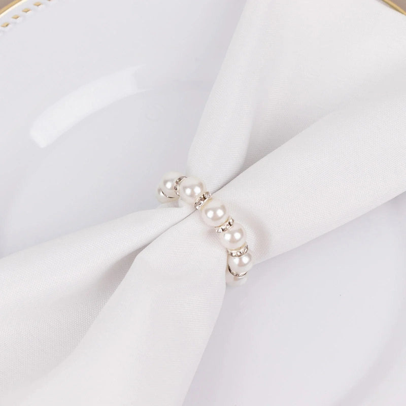 4 pcs 1.5" Pearl Beads and Silver Rhinestone Napkin Rings - White NAP_RING48_WHT