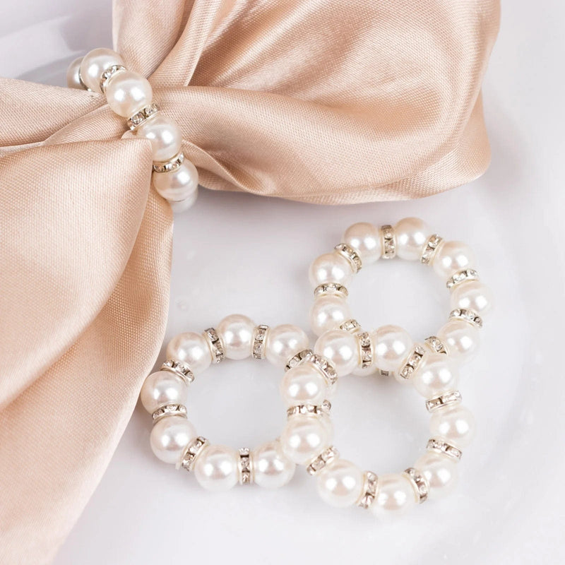 4 pcs 1.5" Pearl Beads and Silver Rhinestone Napkin Rings - White NAP_RING48_WHT