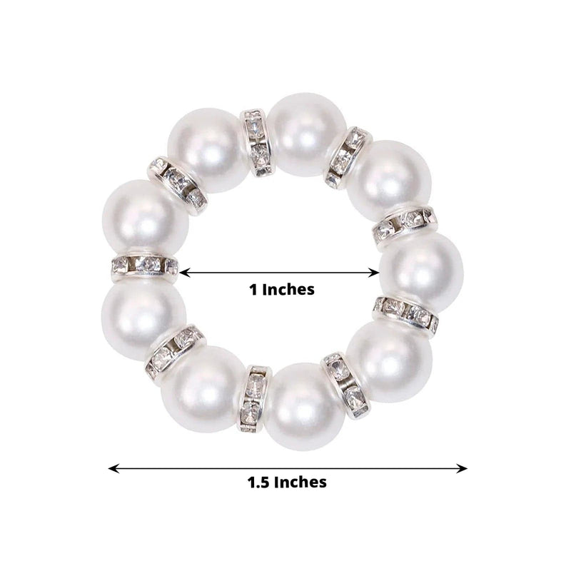 4 pcs 1.5" Pearl Beads and Silver Rhinestone Napkin Rings - White NAP_RING48_WHT