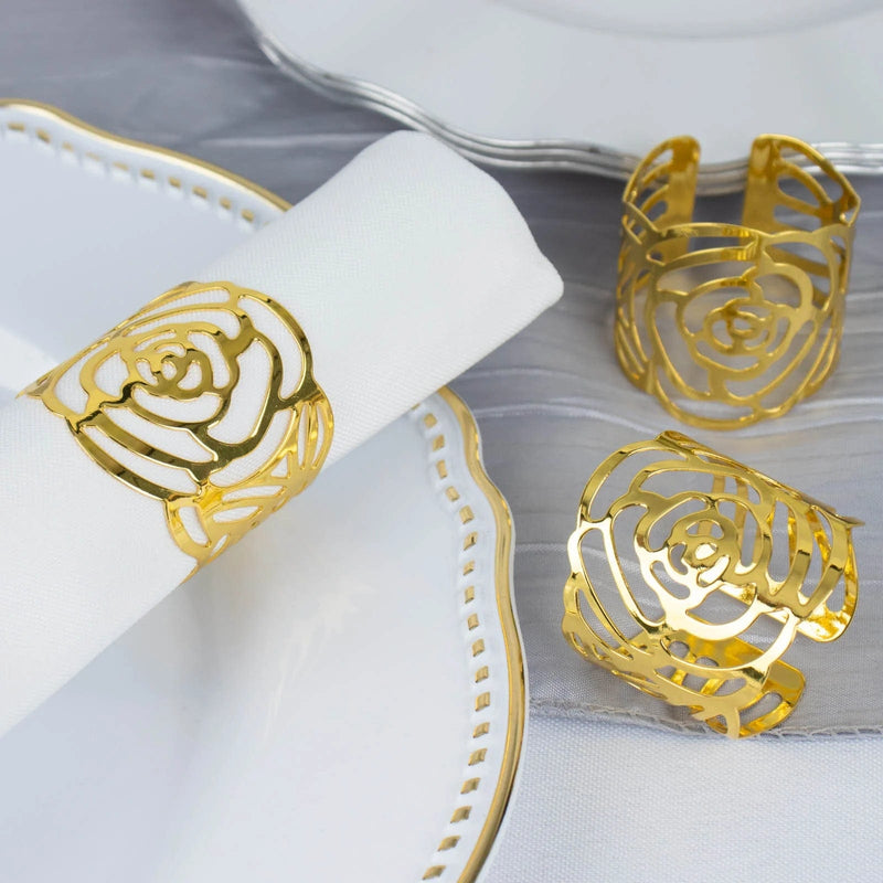 4 pcs 2" Shiny Laser Cut Rose Metal Cuff Napkin Rings - Gold NAP_RING38_GOLD