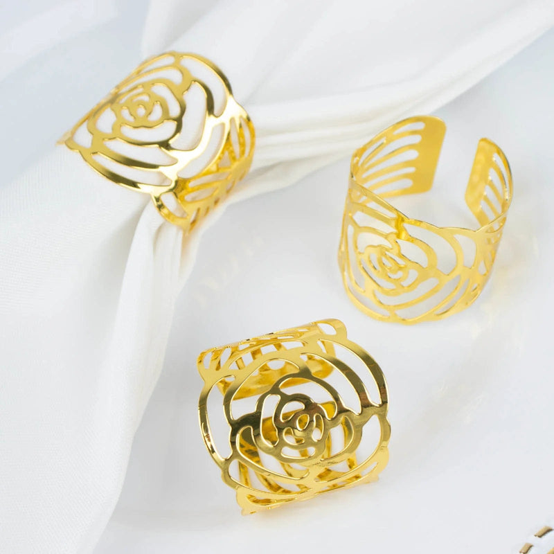 4 pcs 2" Shiny Laser Cut Rose Metal Cuff Napkin Rings - Gold NAP_RING38_GOLD