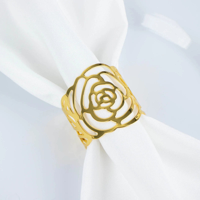 4 pcs 2" Shiny Laser Cut Rose Metal Cuff Napkin Rings - Gold NAP_RING38_GOLD