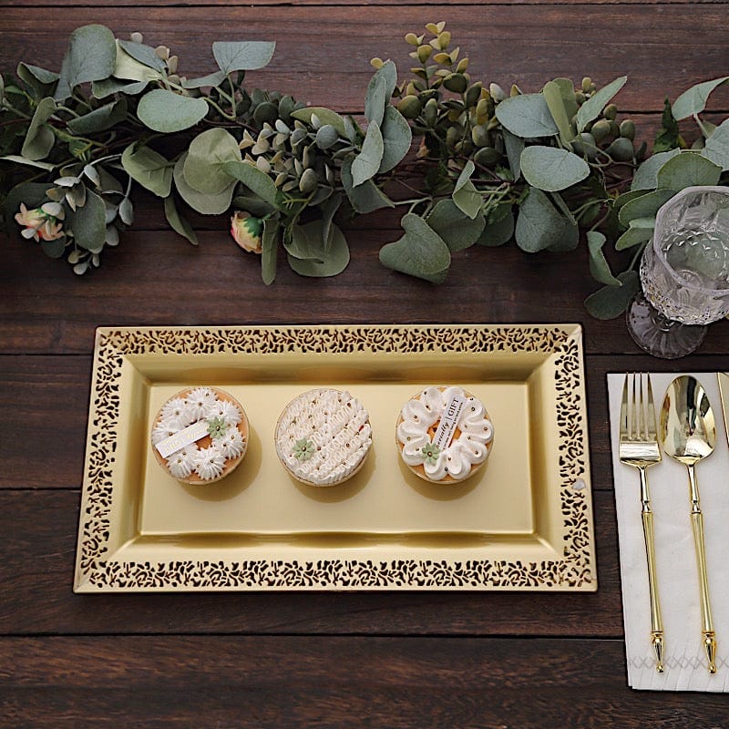 4 Plastic 14" Rectangle Serving Trays with Lace Print Rim Design