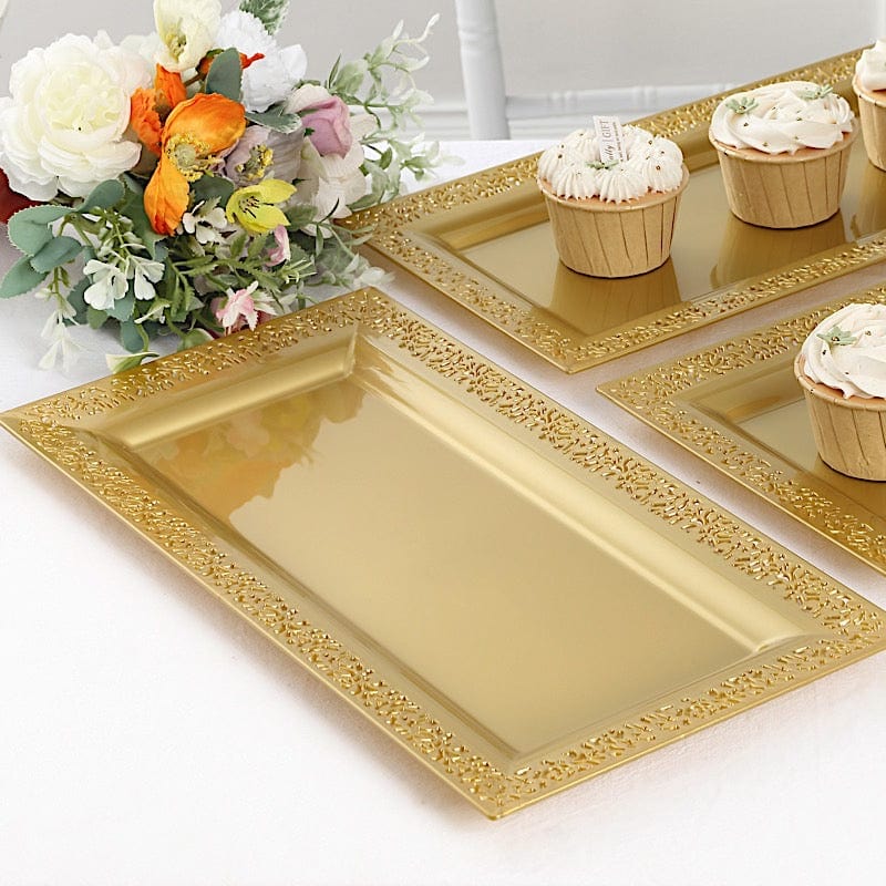 4 Plastic 14" Rectangle Serving Trays with Lace Print Rim Design