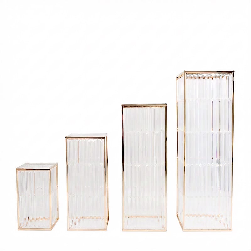 4 Rectangular Metal Pedestal Stands with Acrylic Top and Crystal Pendant Strip Chains - Gold PROP_BOX_070_SET_GOLD