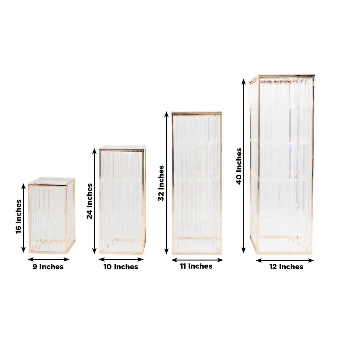 4 Rectangular Metal Pedestal Stands with Acrylic Top and Crystal Pendant Strip Chains - Gold PROP_BOX_070_SET_GOLD