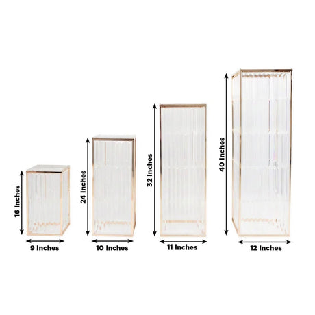 4 Rectangular Metal Pedestal Stands with Acrylic Top and Crystal Pendant Strip Chains - Gold PROP_BOX_070_SET_GOLD