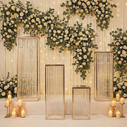 4 Rectangular Metal Pedestal Stands with Acrylic Top and Crystal Pendant Strip Chains - Gold PROP_BOX_070_SET_GOLD
