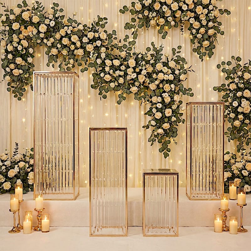 4 Rectangular Metal Pedestal Stands with Acrylic Top and Crystal Pendant Strip Chains - Gold PROP_BOX_070_SET_GOLD