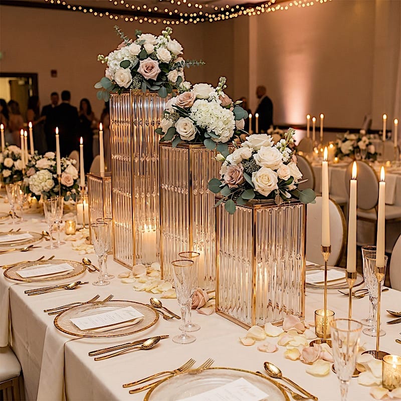 4 Rectangular Metal Pedestal Stands with Acrylic Top and Crystal Pendant Strip Chains - Gold PROP_BOX_070_SET_GOLD