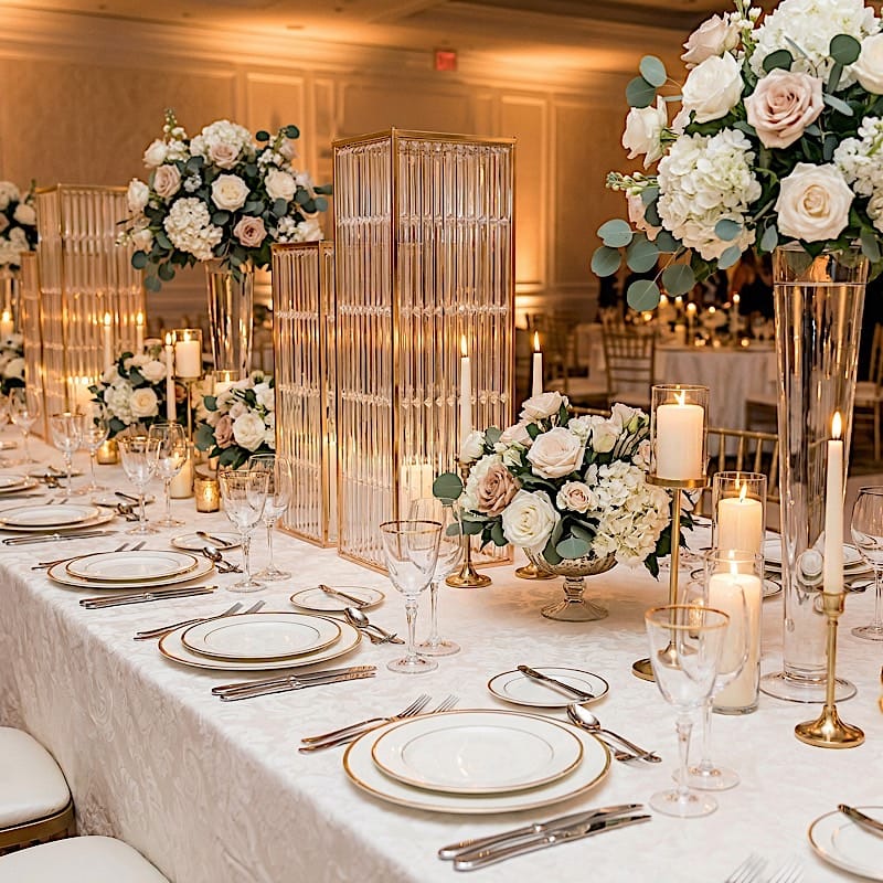 4 Rectangular Metal Pedestal Stands with Acrylic Top and Crystal Pendant Strip Chains - Gold PROP_BOX_070_SET_GOLD