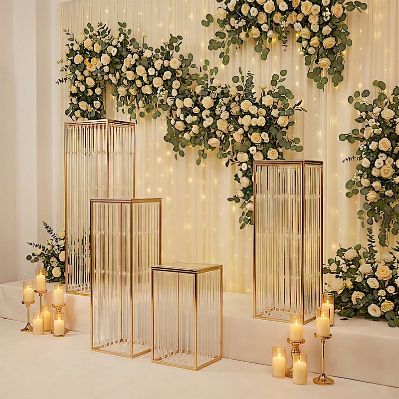 4 Rectangular Metal Pedestal Stands with Acrylic Top and Crystal Pendant Strip Chains - Gold PROP_BOX_070_SET_GOLD