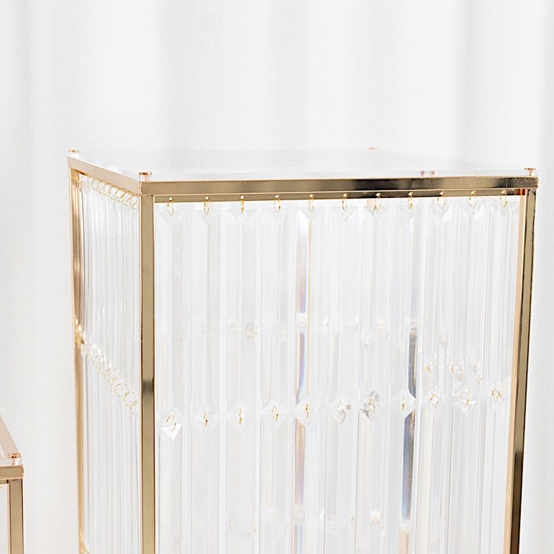 4 Rectangular Metal Pedestal Stands with Acrylic Top and Crystal Pendant Strip Chains - Gold PROP_BOX_070_SET_GOLD