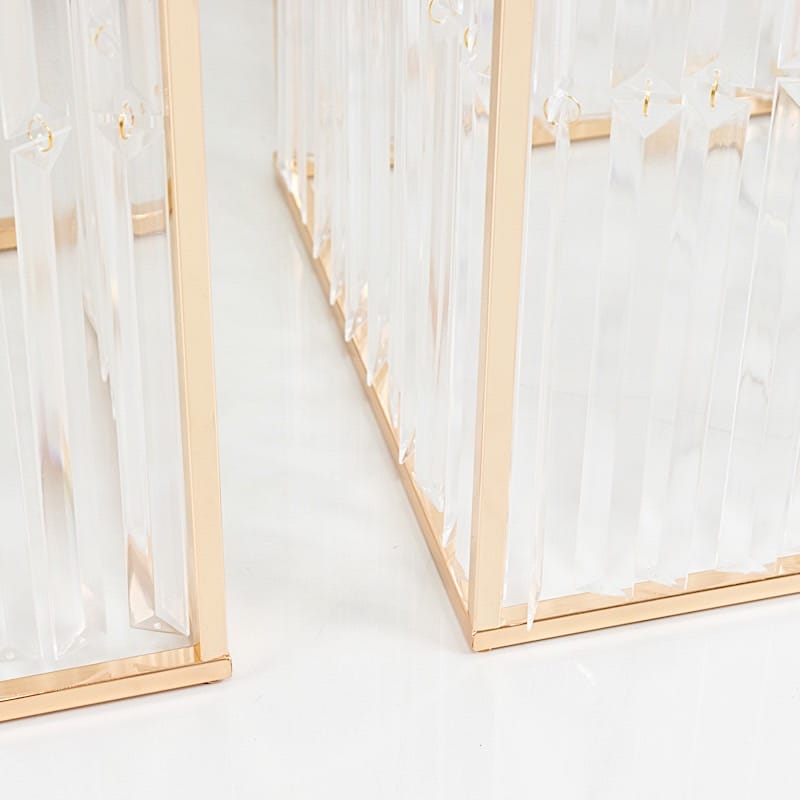 4 Rectangular Metal Pedestal Stands with Acrylic Top and Crystal Pendant Strip Chains - Gold PROP_BOX_070_SET_GOLD