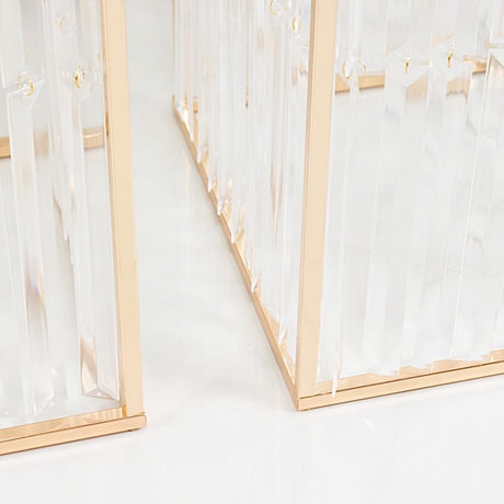 4 Rectangular Metal Pedestal Stands with Acrylic Top and Crystal Pendant Strip Chains - Gold PROP_BOX_070_SET_GOLD