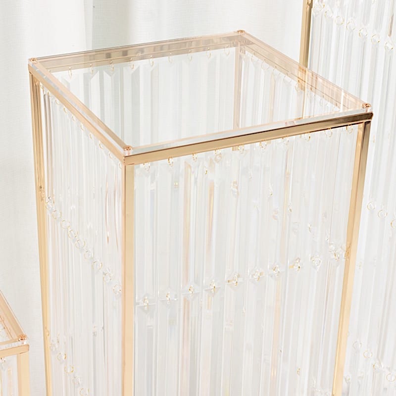 4 Rectangular Metal Pedestal Stands with Acrylic Top and Crystal Pendant Strip Chains - Gold PROP_BOX_070_SET_GOLD