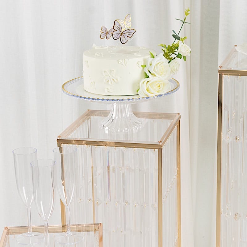4 Rectangular Metal Pedestal Stands with Acrylic Top and Crystal Pendant Strip Chains - Gold PROP_BOX_070_SET_GOLD
