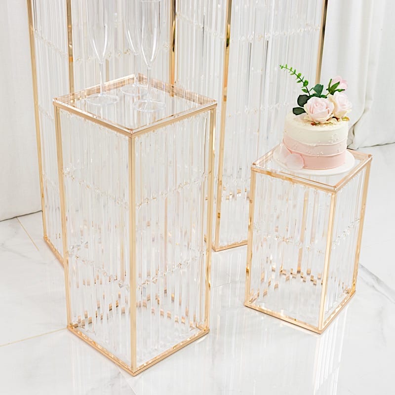 4 Rectangular Metal Pedestal Stands with Acrylic Top and Crystal Pendant Strip Chains - Gold PROP_BOX_070_SET_GOLD