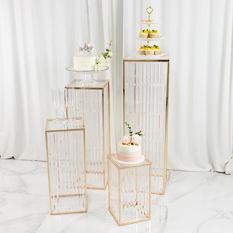 4 Rectangular Metal Pedestal Stands with Acrylic Top and Crystal Pendant Strip Chains - Gold PROP_BOX_070_SET_GOLD