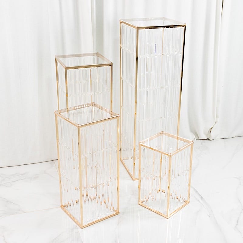 4 Rectangular Metal Pedestal Stands with Acrylic Top and Crystal Pendant Strip Chains - Gold PROP_BOX_070_SET_GOLD