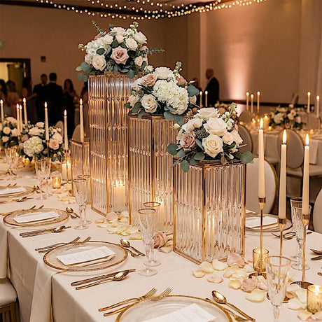 4 Rectangular Metal Pedestal Stands with Acrylic Top and Crystal Pendant Strip Chains - Gold PROP_BOX_070_SET_GOLD